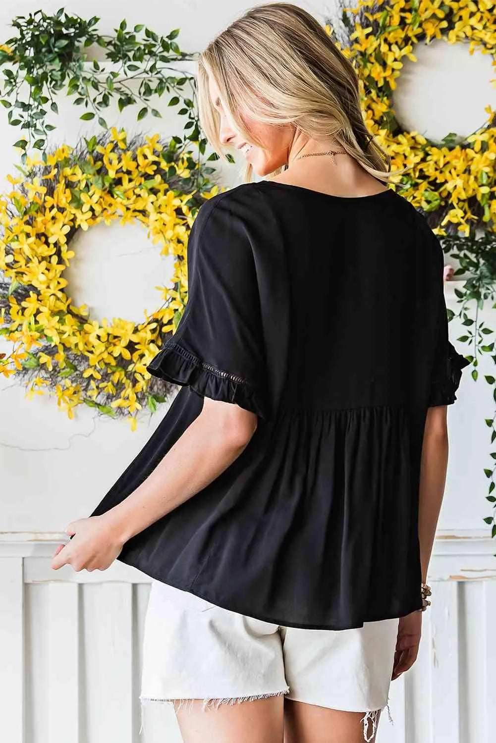 V-Neck Flounce Sleeve Babydoll Blouse Blouses - Tophatter Daily Deals